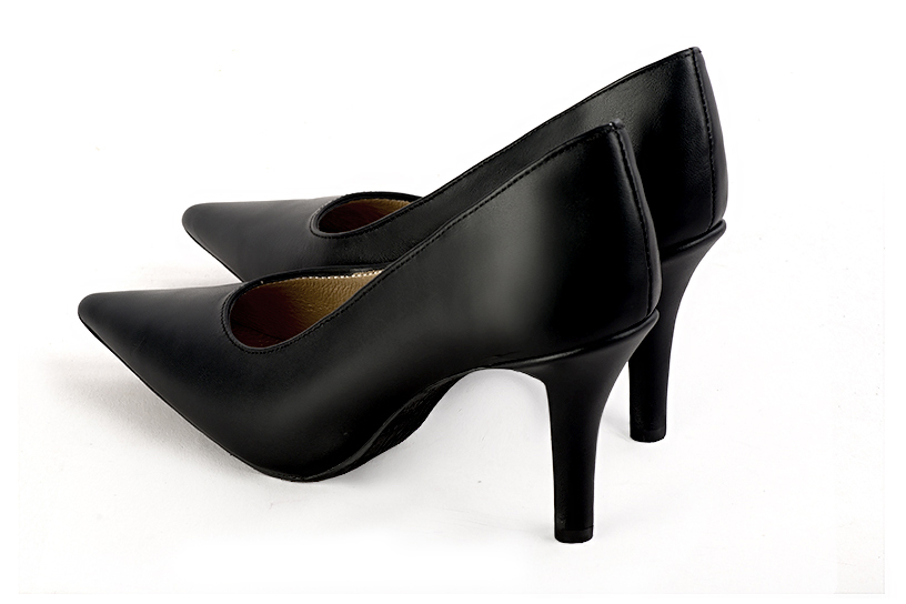 Satin black women's dress pumps, with a round neckline. Pointed toe. High slim heel. Rear view - Florence KOOIJMAN